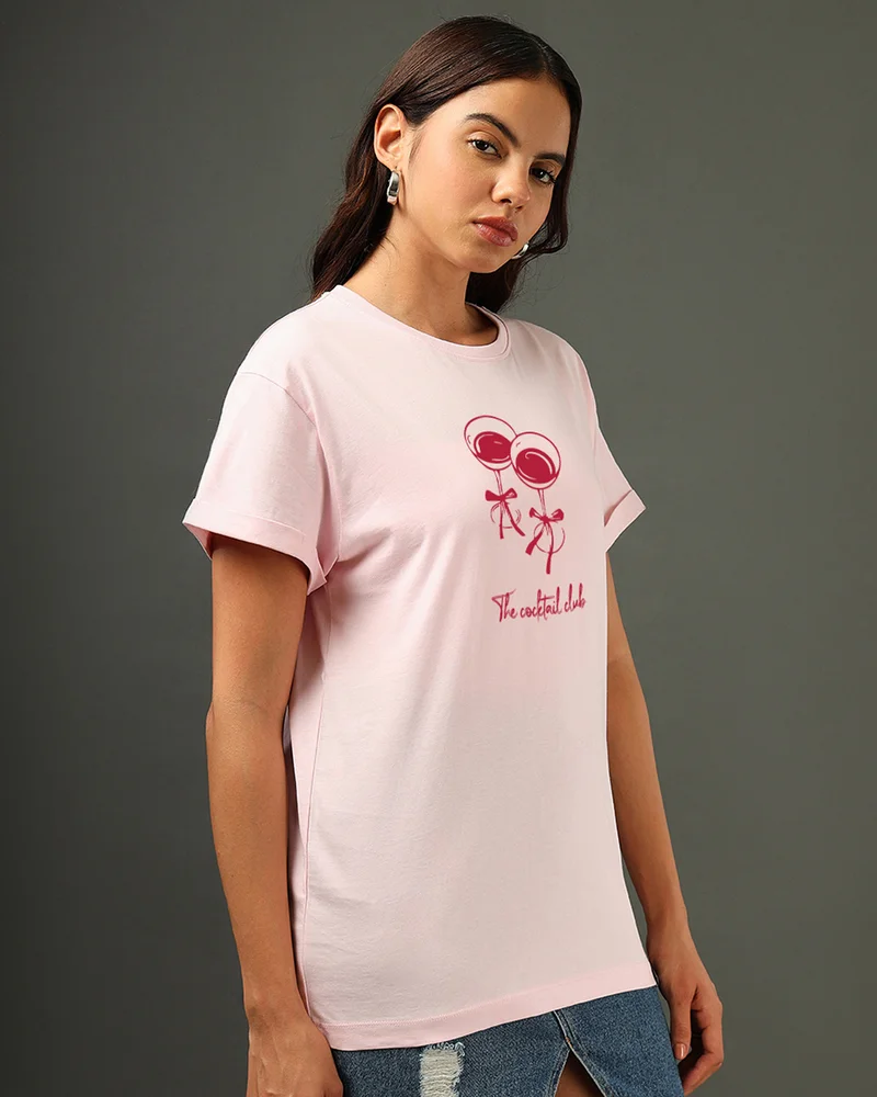 bewakoof Women's Pink Cocktail Club Graphic Printed Boyfriend T-shirt